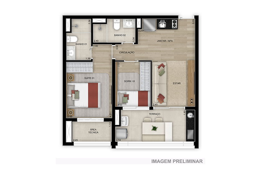 Planta 04 - 2 dorm 91m - opo
