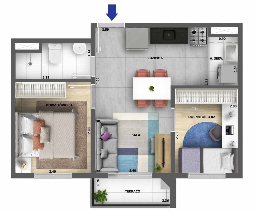 Planta 02 - 2 dorm 36,80m
