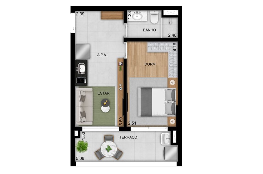 Planta 02 - 1 dorm 40m