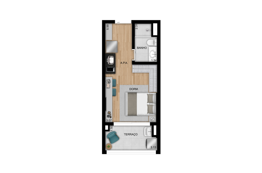 Planta 01 - 1 dorm 32m - studio