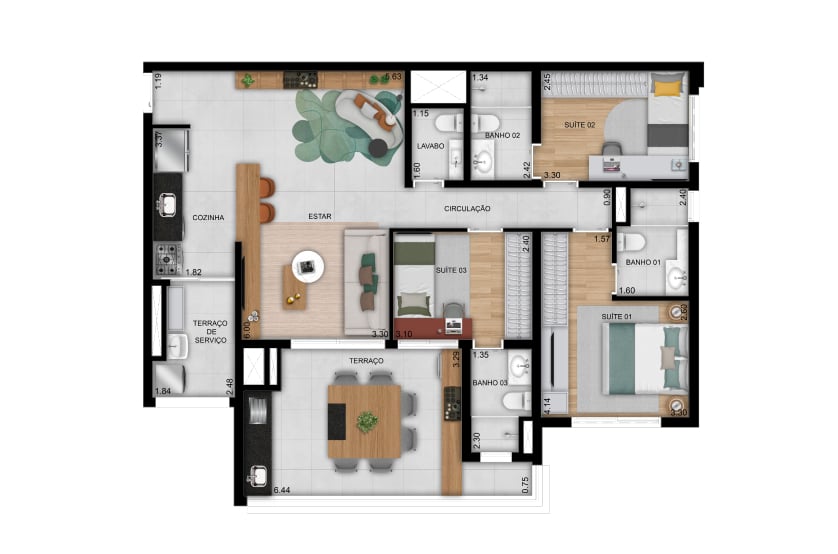 Planta 08 - 3 dorm 108m