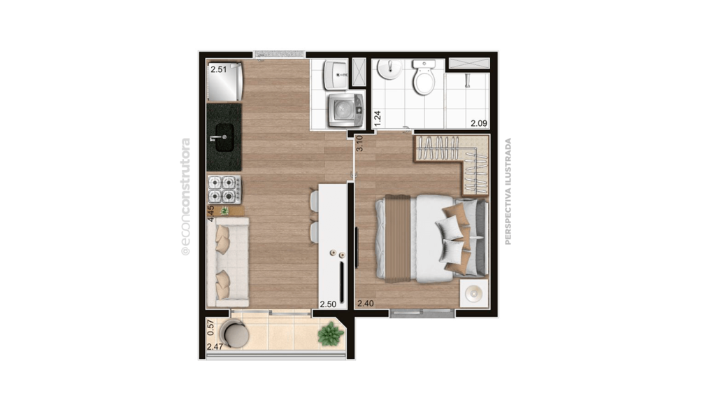 Planta 01 - 1 dorm 26,48m