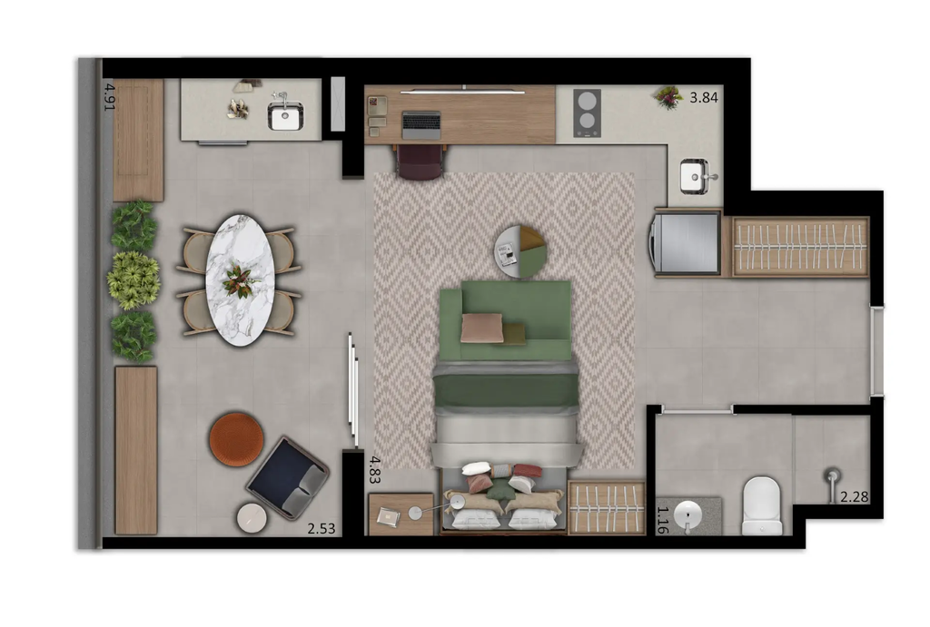 Planta 02 - 1 dorm 41m - studio