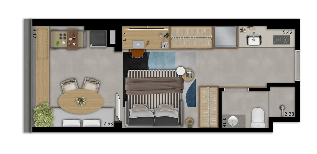 Planta 01 - 1 dorm 28m - studio