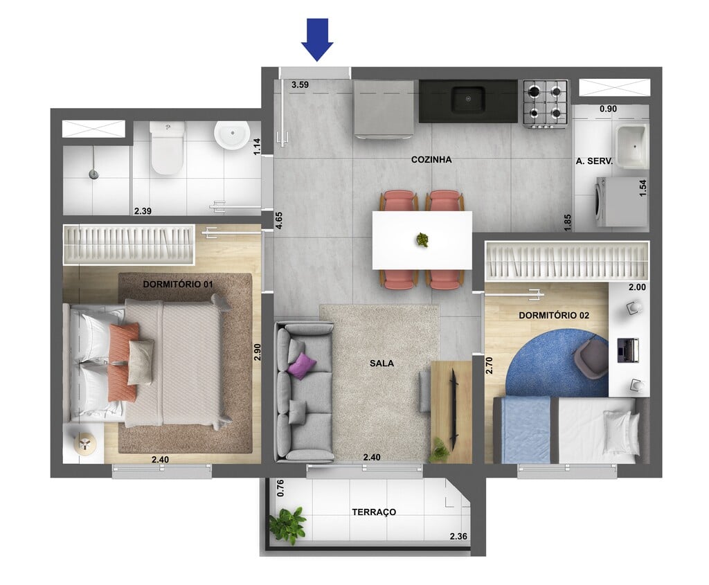 Planta 02 - 2 dorm 36,80m