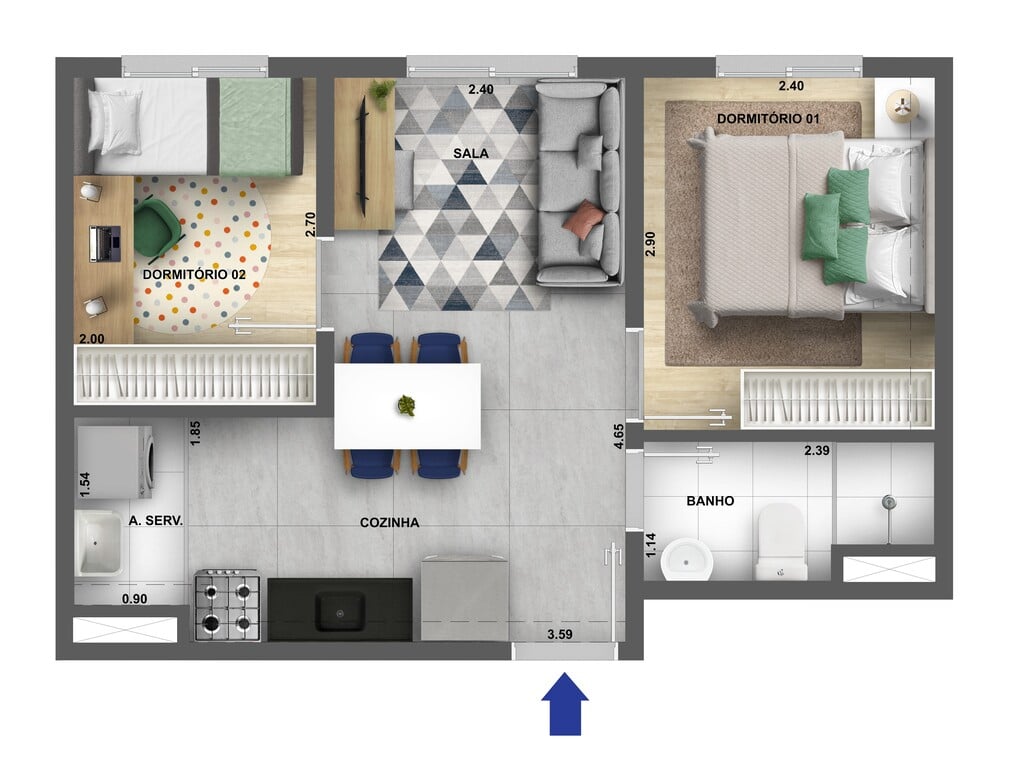 Planta 01 - 2 dorm 34,24m