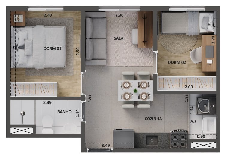 Planta 02 - 2 dorm 34m