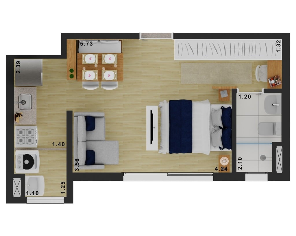 Planta 01 - 1 dorm 29m - studio