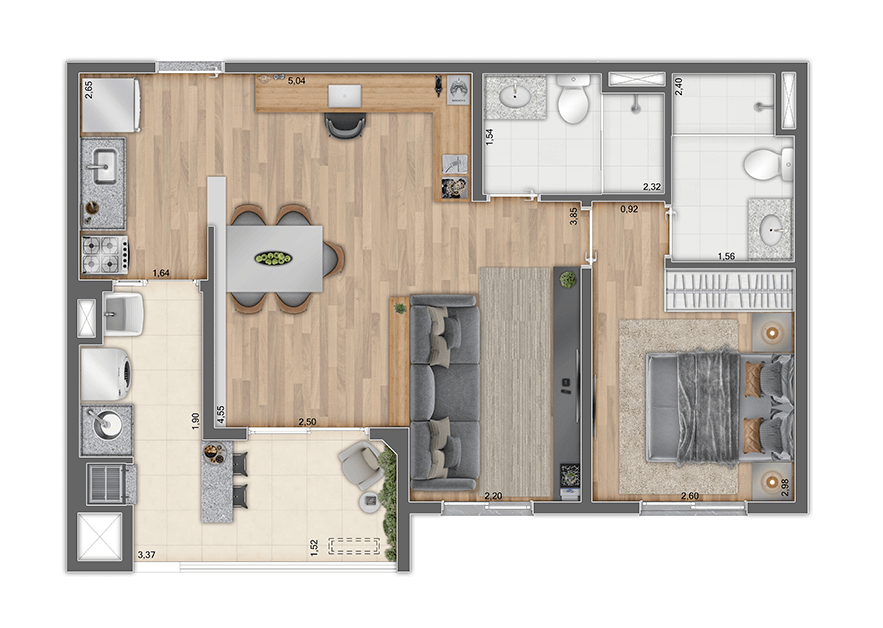 Planta 02 - 1 dorm 57m - opo