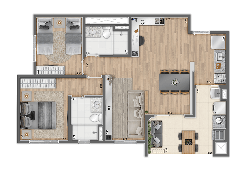 Planta 04 - 2 dorm 70m - opo