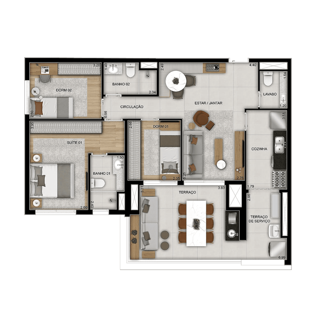 Planta 04 - 3 dorm 96m