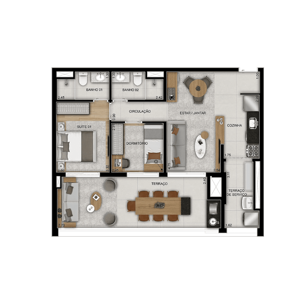 Planta 01 - 2 dorm 75m