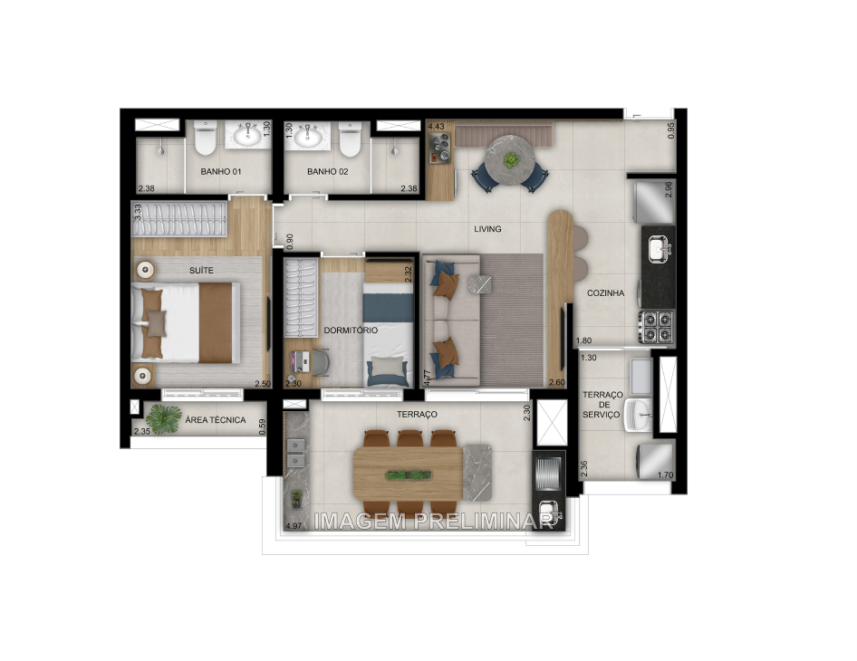 Planta 01 - 2 dorm 70m