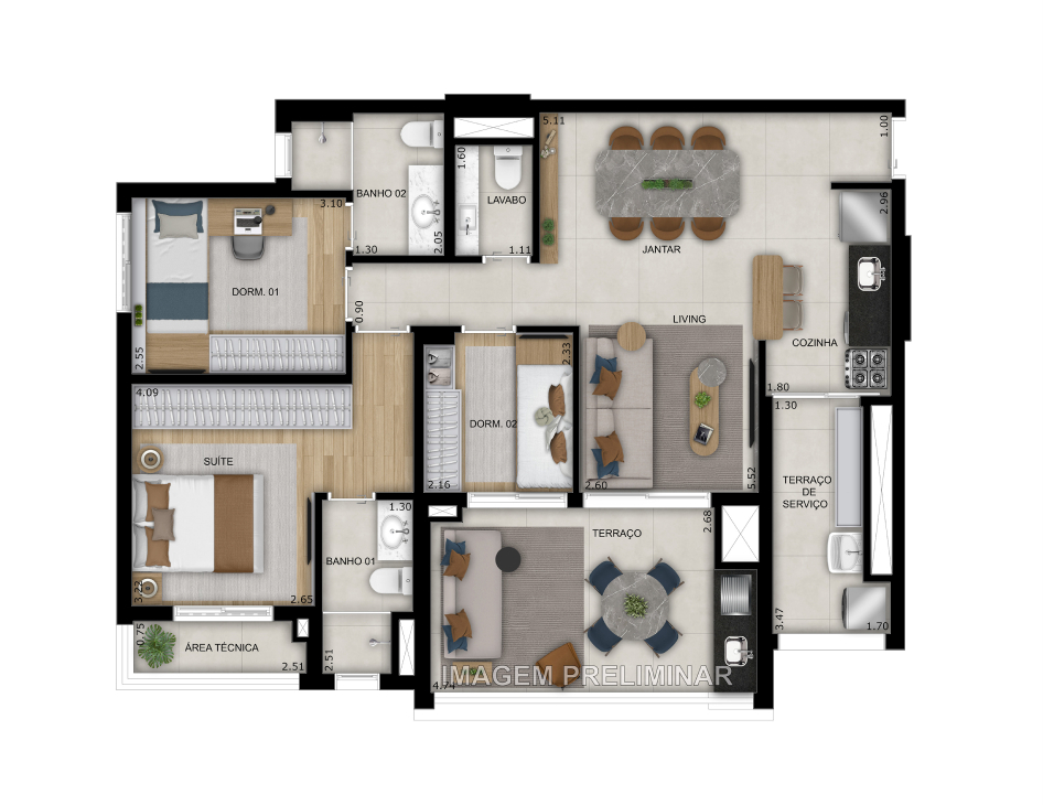 Planta 02 - 3 dorm 92m