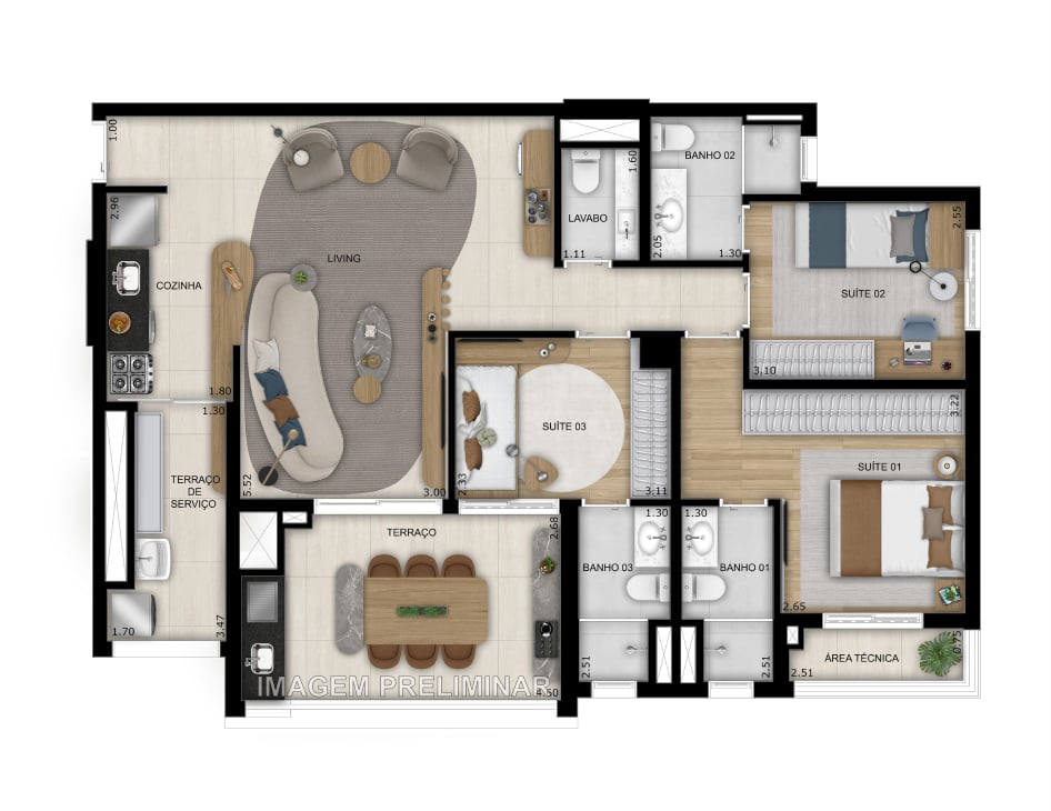 Planta 04 - 3 dorm 103m