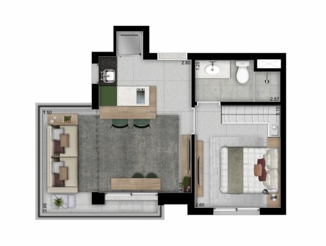 Planta 02 - 1 dorm 35,70m