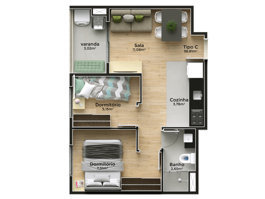 Planta 02 - 2 dorm 38,81m