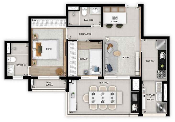 Planta 01 - 2 dorm 72m