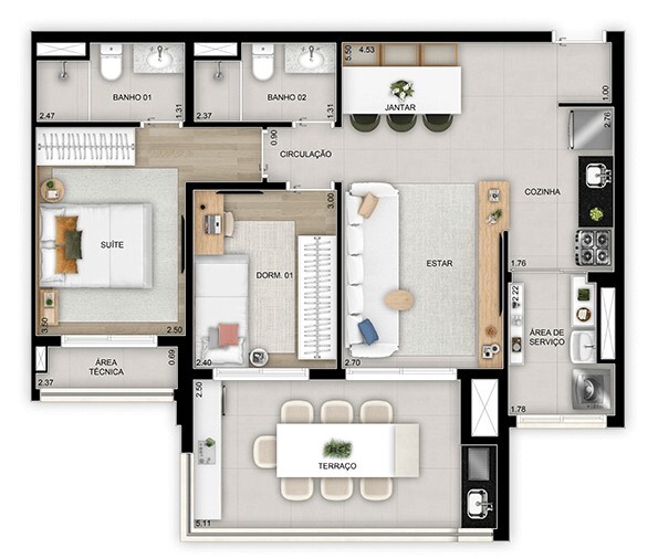 Planta 02 - 2 dorm 75m
