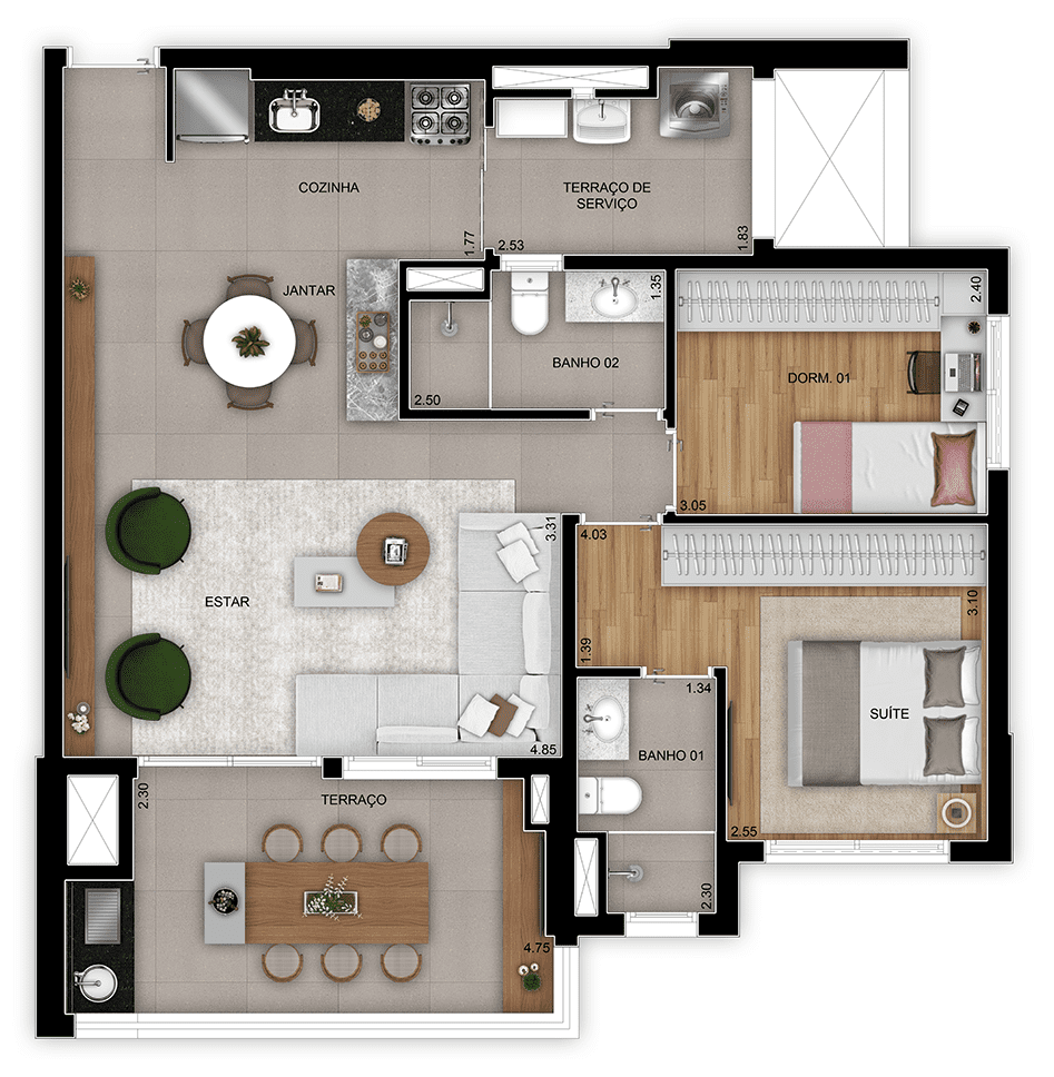 Planta 02 - 2 dorm 79m - opo