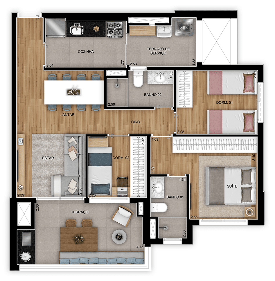 Planta 01 - 3 dorm 79m