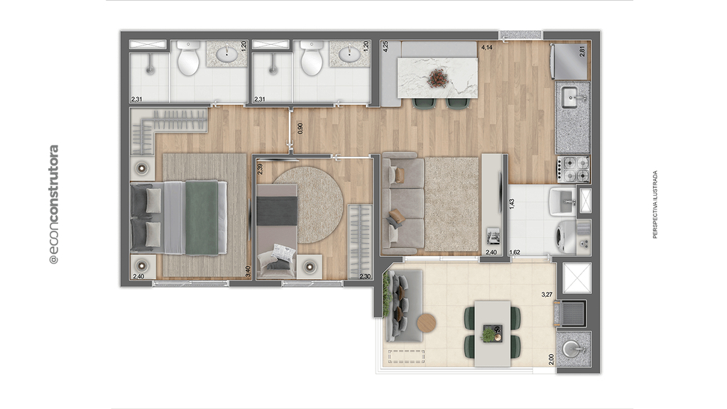 Planta 01 - 2 dorm 54,93m