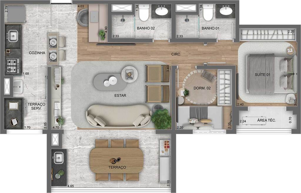 Planta 03 - 2 dorm 69m - opo