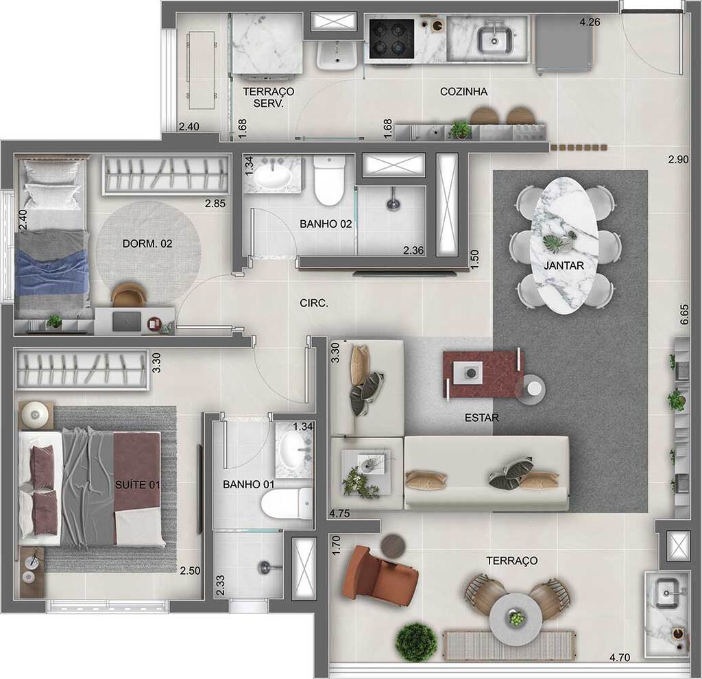 Planta 05 - 2 dorm 71m - opo