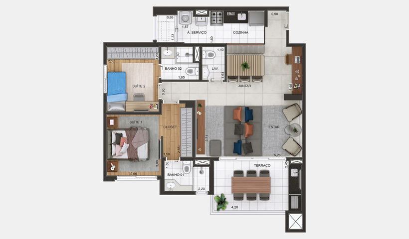 Planta 02 - 2 dorm 88m - opo