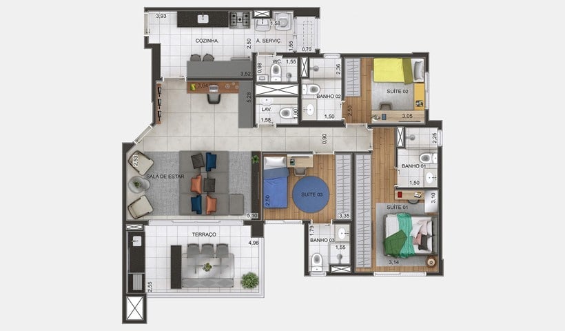 Planta 01 - 3 dorm 110m
