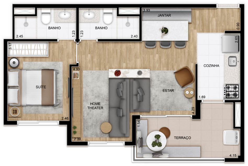 Planta 02 - 1 dorm 54m - opo