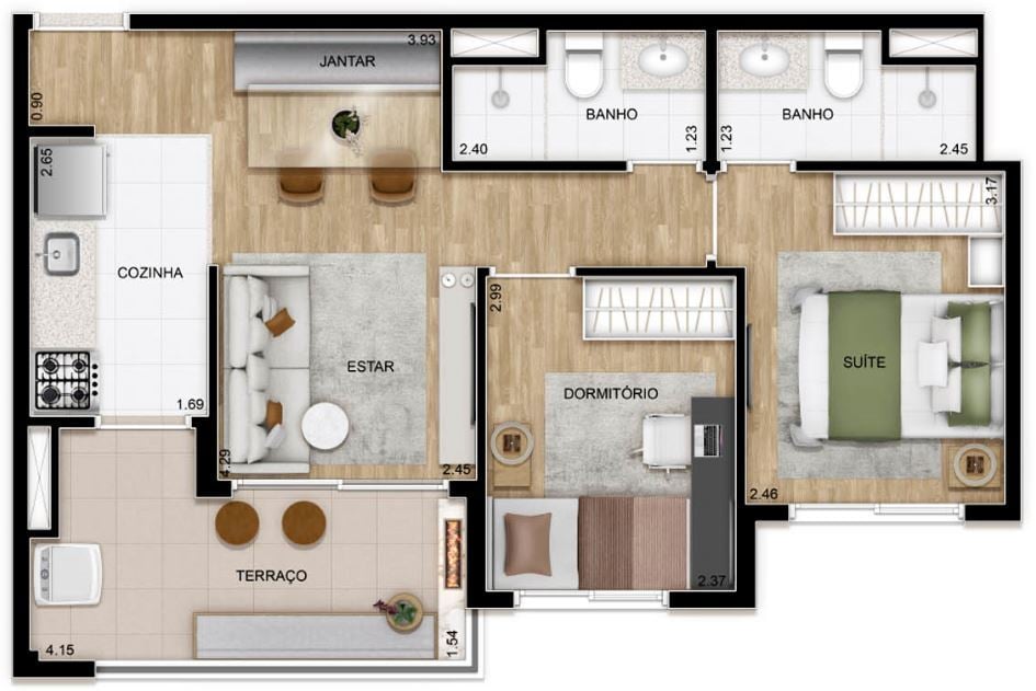 Planta 01 - 2 dorm 54m