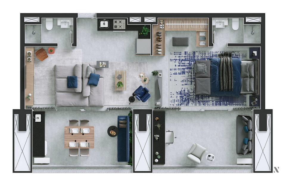 Planta 02 - 1 dorm 80m - studio - junao