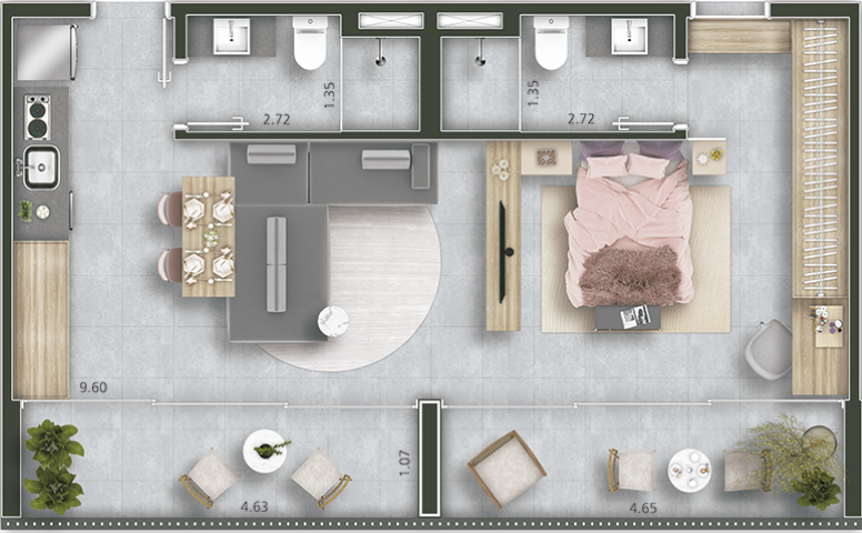 Planta 03 - 1 dorm 63m - studio