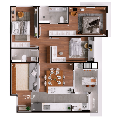 Planta 01 - 3 dorm 88 76m