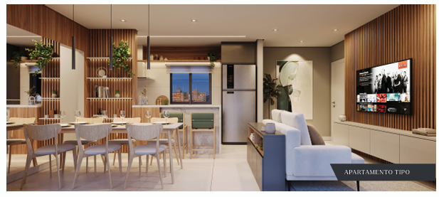 Sala para 2 ambientes e cozinha