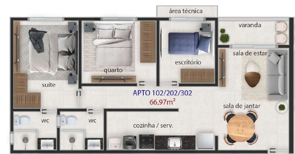 Planta 02 - 3 dorm 66,97m