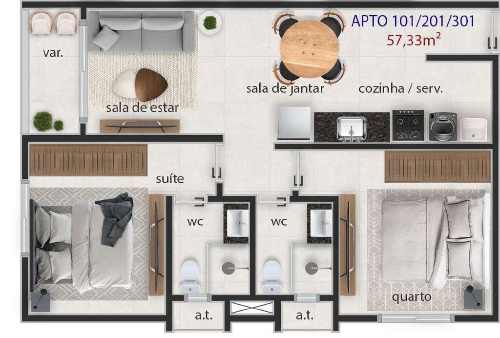 Planta 01 - 2 dorm 57,33m