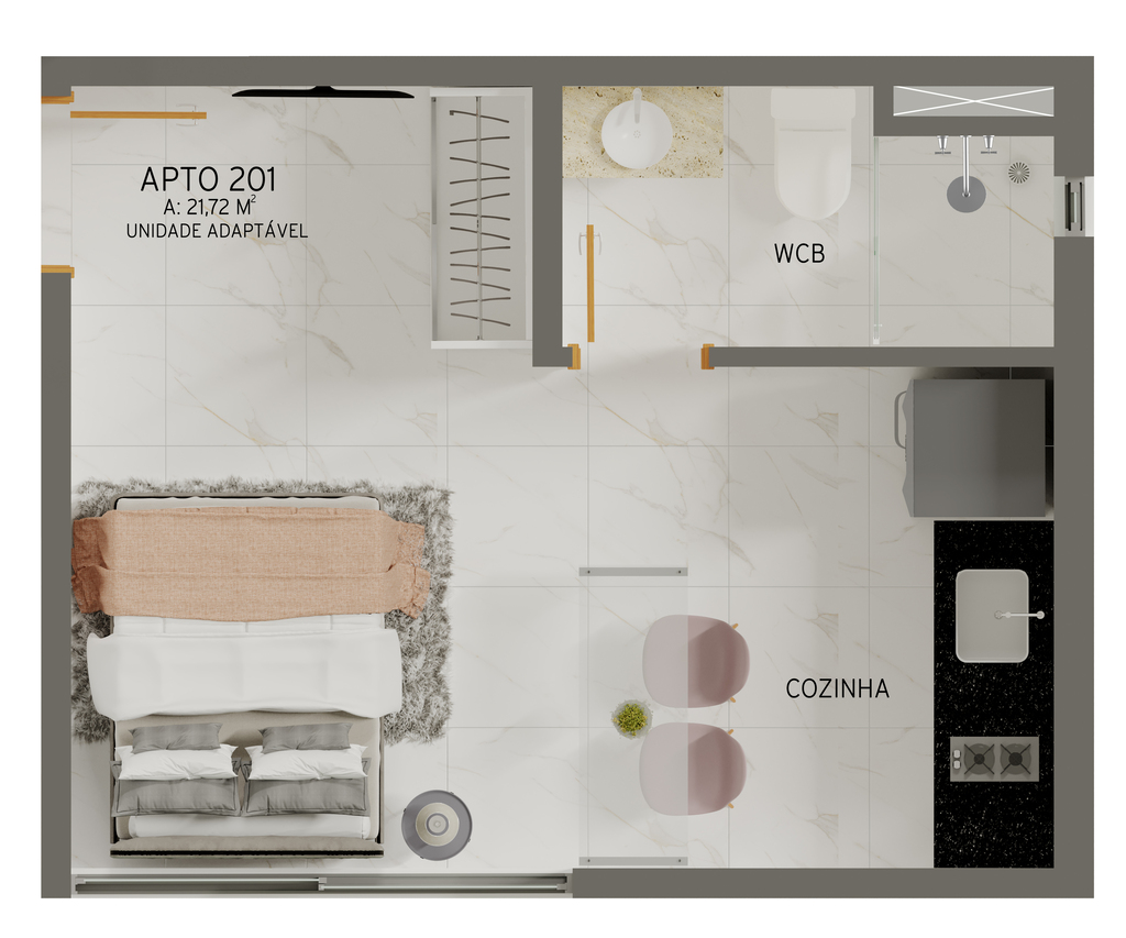 Planta 03 - 1 dorm 21,72m - studio