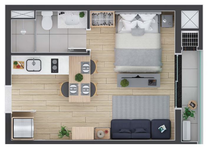 Planta 01 - 1 dorm 28m - studio