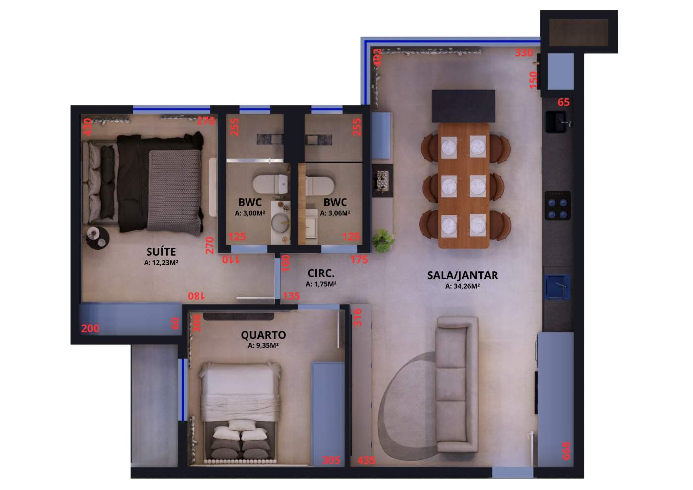 Planta 05 e 06 com 72,82 m²