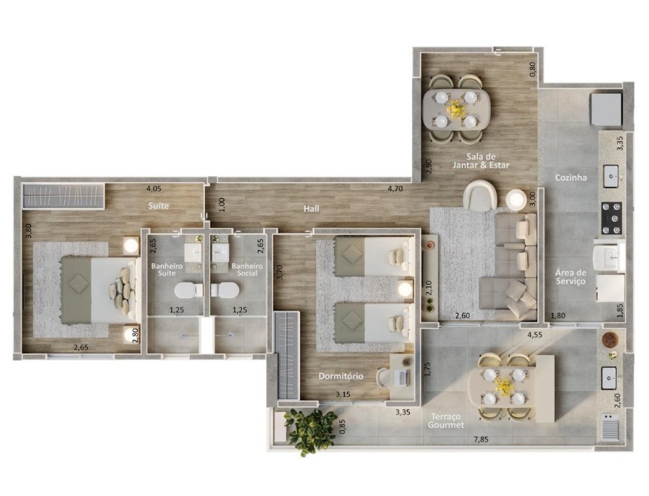 APARTAMENTOS FINAL 3: Lateral Esquerda  2 DORMS, SENDO 1 SU�TE | 85,02m� | 1 vaga de garagem
