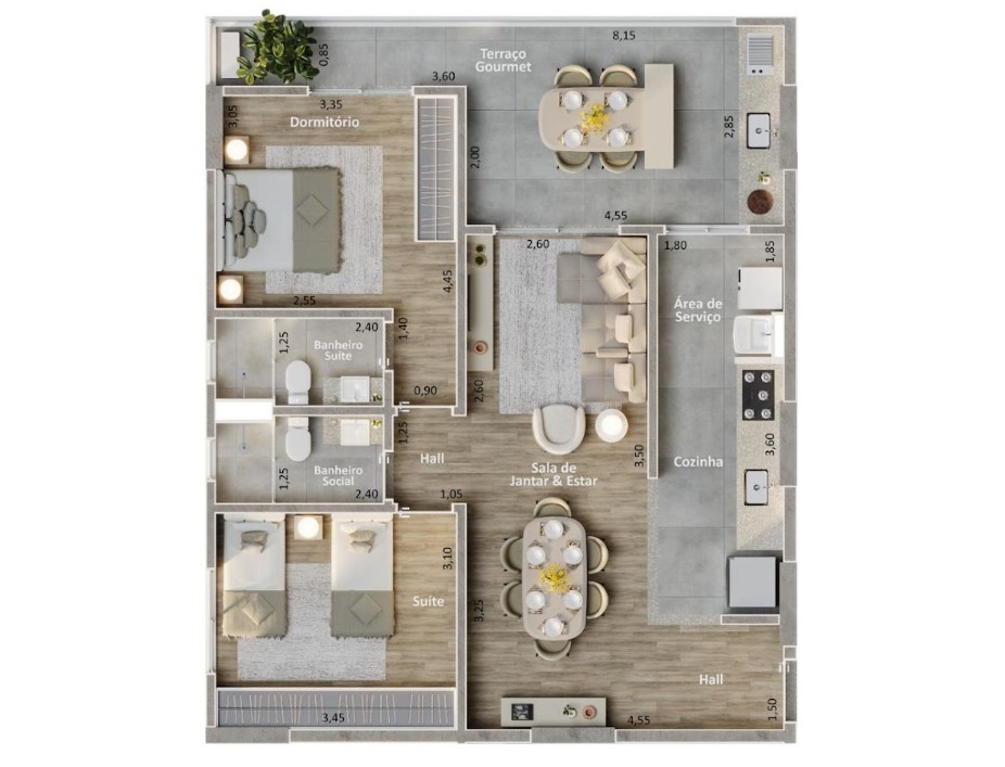 APARTAMENTOS FINAL 5: Fundos Direita  2 DORMS, SENDO 1 SU�TE | 87,31m� | 1 vaga de garagem