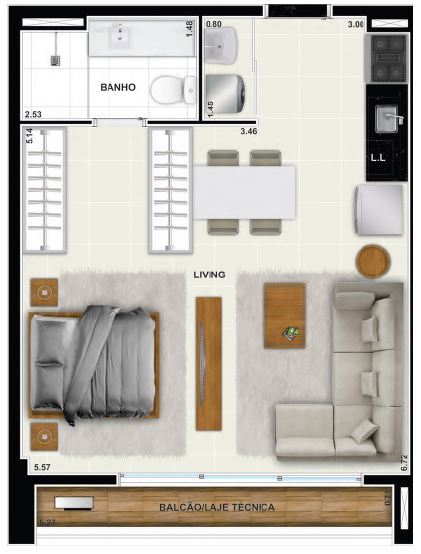 Planta 01 - 1 dorm 47 01m� - studio