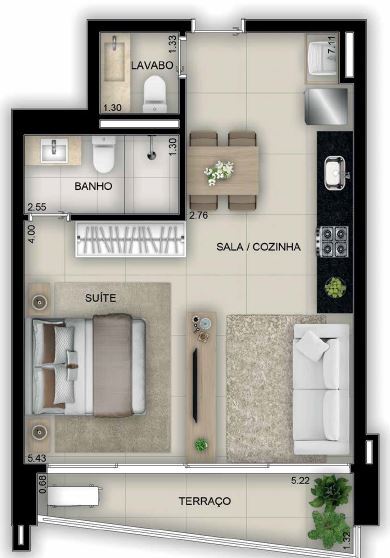Planta 02 - 1 dorm 46 36m� - studio