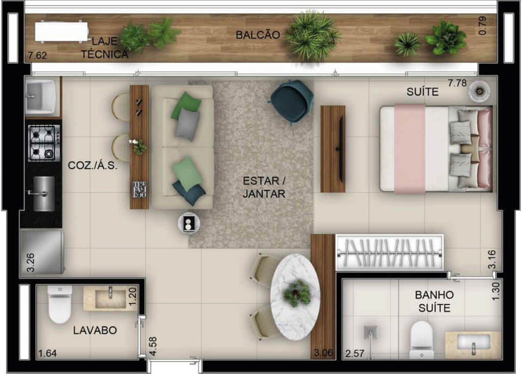 Planta 01 - 1 dorm 48m� - studio