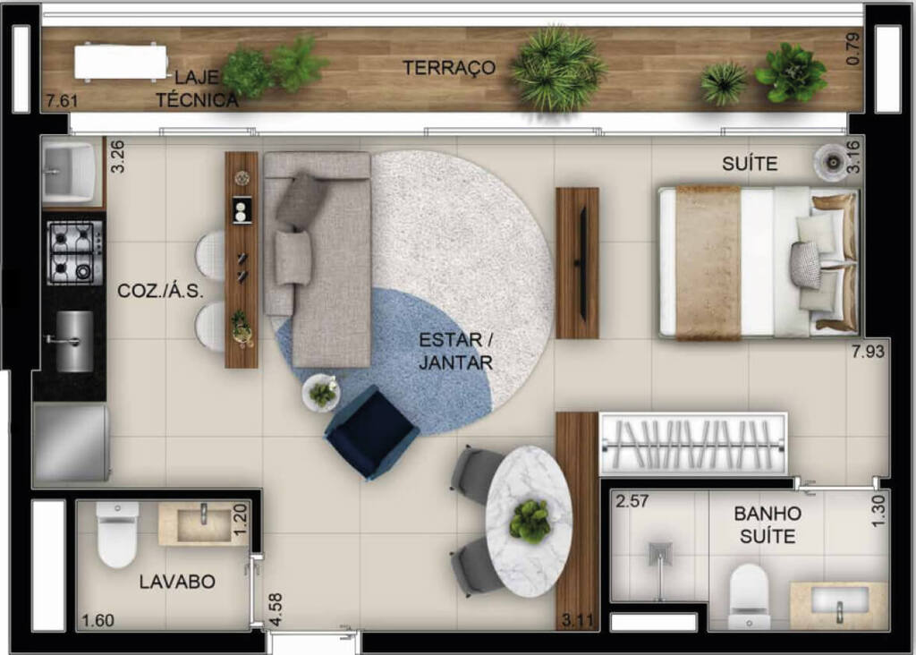 Planta 02 - 1 dorm 49m� - studio