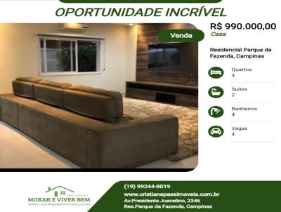 Casa para Venda, em Campinas, bairro Residencial Parque da Fazenda, 4 dormitrios, 4 banheiros, 2 sutes, 4 vagas