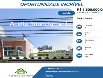 Casas 3 e 4 Quartos para Venda, em Santos, bairro Campo Grande, 4 dormitrios, 3 banheiros, 1 sute, 4 vagas