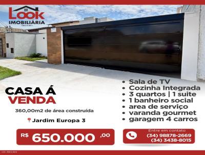 Casa para Venda, em Arax, bairro JARDIM EUROPA 3, 3 dormitrios, 1 banheiro, 1 sute, 4 vagas
